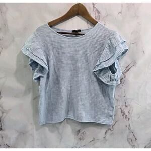 Drew Shirt Womens Large Blue Gauze Drew Ruffle Textured Cropped